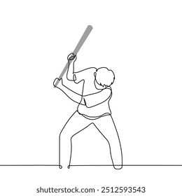 man with bat swung - one line art vector. concept splash out rage and irritation, destroy, vandalism. Handmade vector not AI