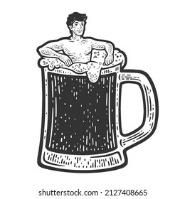 Man in bath glass of beer sketch engraving vector illustration. T-shirt apparel print design. Scratch board imitation. Black and white hand drawn image.