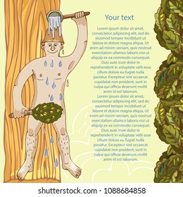 The man in the bath is poured with water. The concept of leisure in the bath, relaxation and purity of the body, a healthy lifestyle on an abstract background. Advertising bath services, leaflets with
