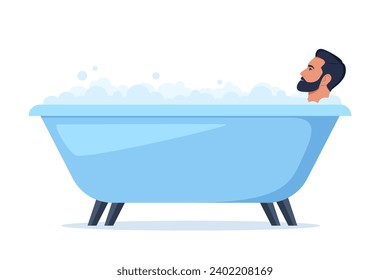 Man in bath. Relaxed guy in bathtub with foam bubbles. Self care and hygiene, spa and relaxing. Vector illustration