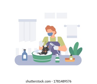 A man bathe and cleaning his cat with water and soap to kill coronavirus vector illustration