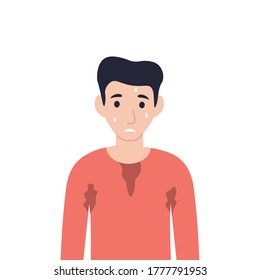 Man bathed in a sweat. Guy sweating a lot. Flat vector cartoon illustration.