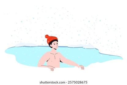 
A man bathes in an ice hole. Hand drawn vector illustration. Extreme ice swimming. Hardening and taking care of health.