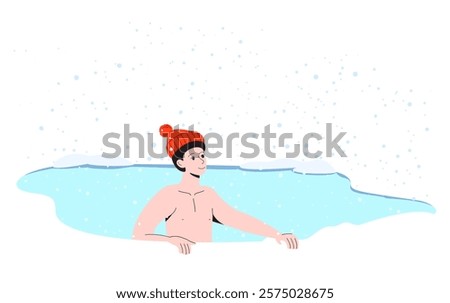 
A man bathes in an ice hole. Hand drawn vector illustration. Extreme ice swimming. Hardening and taking care of health.