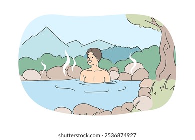 El hombre se baña en las aguas termales del bosque, utilizando la medicina alternativa para mejorar la salud. Tipo se relaja en la naturaleza, en el lago con agua caliente o manantial termal que ayuda a deshacerse de las enfermedades