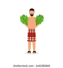 Man bathing in Bathhouse, hold oak birch brooms. Flat vector cartoon illustration.