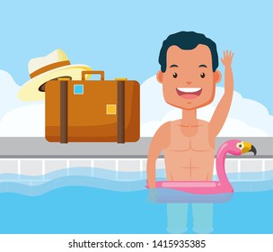 man bathing in pool with float flamingo suitcase hat vacations summer time vector illustration