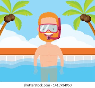 man bathing in pool with mask snorkel vacations summer time vector illustration