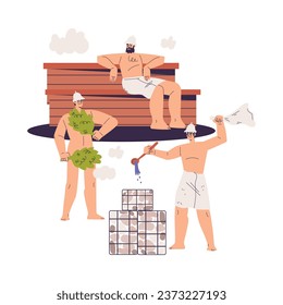 Man Bathing in Sauna with Besom and Taking Steam Bath Vector Illustration