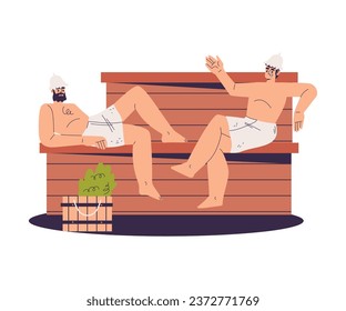 Hombre bañándose en Sauna sentándose y hablando con vectores de baño de vapor Ilustración