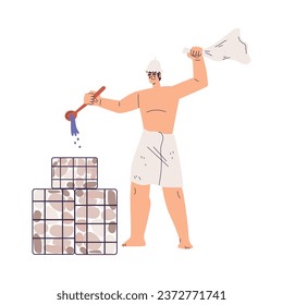 Man Bathing in Sauna and Taking Steam Bath Pouring Water to Hot Stone Vector Illustration