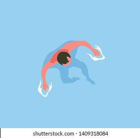 Man bathing in sea top view. Male swimming in ocean, spending time at summer resort. Person on vacation swim and sunbathing, relaxing guy in water