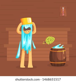 Man Bathing in Wooden Bathhouse or Sauna, Guy Washing His Body Vector Illustration