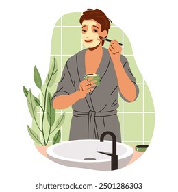 Man in bathrobe applying mask onto face in bathroom flat color vector illustration. Guy pampering skin with nourishment cosmetics concept icon on white