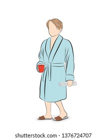 a man in a bathrobe with a cup of coffee (tea) and a newspaper. vector illustration
