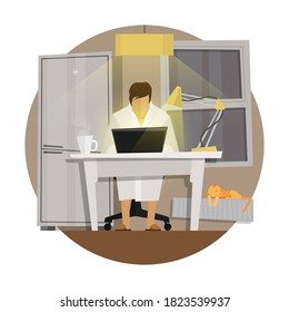 man шт bathrobe with laptop sitting on the chair. Freelance or studying concept. Cute illustration in flat style