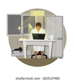 man шт bathrobe with laptop sitting on the chair. Freelance or studying concept. Cute illustration in flat style