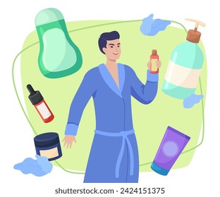 Man in bathrobe with shower gel in bathroom vector illustration. Mens skin care products, antiperspirant, lotion after shaving, cream on background. Mens cosmetics, body care products concept 