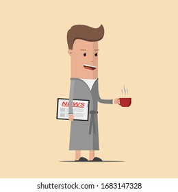 A man in a bathrobe with a tablet a cup of hot tea or coffee at home. Vector illustration
