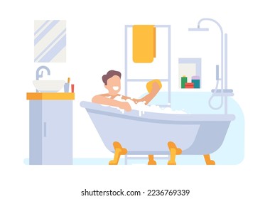 Man in bathroom relaxing in hot water foam. Guy washing in bathtub with washcloth. Person taking bath in washroom. Toiletries or towel. Home interior. Body hygiene