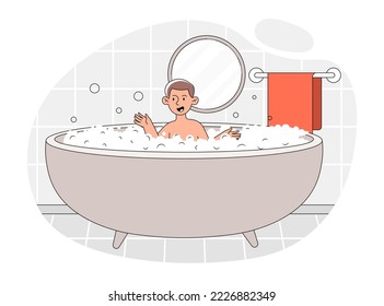 Man in bathroom. Young guy washes, cleanliness and hygiene. Spa treatments, comfort and coziness. Poster or banner for website. Routine and household chores. Cartoon flat vector illustration