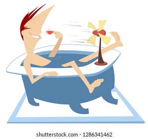 Man bathtub, tabletop fan, fresh coffee and air illustration. Comic man lies in the bathtub, has coffee and takes a fresh air delight from the tabletop fan
