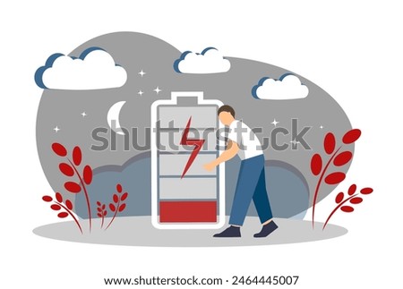 A man and a battery. The concept of the importance of good sleep. Fatigue. Insomnia