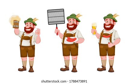 Man in Bavarian clothes, funny cartoon character, set of three poses. Munich beer festival Oktoberfest. Vector illustration on white background