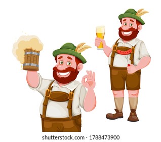 Man in Bavarian clothes, funny cartoon character, set of two poses. Munich beer festival Oktoberfest. Vector illustration on white background