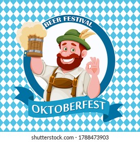 Man in Bavarian clothes, funny cartoon character. Munich beer festival Oktoberfest. Vector illustration on bright blue background