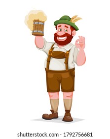 Man in Bavarian clothes, funny cartoon character. Munich beer festival Oktoberfest. Vector illustration