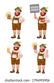 Man in Bavarian clothes, funny cartoon character, set of four poses. Munich beer festival Oktoberfest. Vector illustration on white background