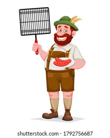 Man in Bavarian clothes holding barbeque grid and fried sausage, funny cartoon character. Munich beer festival Oktoberfest. Vector illustration