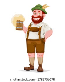 Hombre con ropa bávara sosteniendo cerveza, divertido personaje de caricatura. Festival de cerveza de Munich Oktoberfest. Ilustración del vector