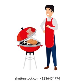 Man With Bbq Apron And Grill