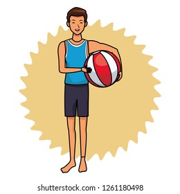 man with beach ball black and white