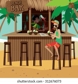 Man at beach bar drinks exotic cocktail while bartender preparing tropic cocktail