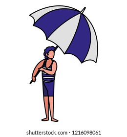 man with beach clothes and umbrella