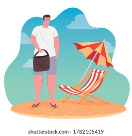 man in the beach, happy guy with chair beach and umbrella, summer vacation season vector illustration design