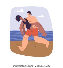 Man Beach Lifeguard Character Carry Woman Drowning in Water Vector Illustration