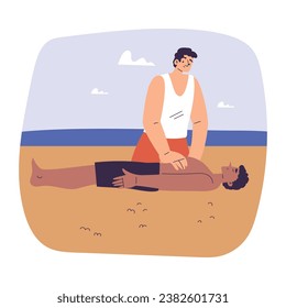 Man Beach Lifeguard Character Provide First Aid to Guy Lying in Sand Vector Illustration