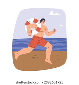 Man Beach Lifeguard Character Running Fast with Lifebuoy Vector Illustration