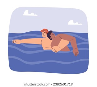 Man Beach Lifeguard Character Swimming with Guy Drowning in Water Vector Illustration