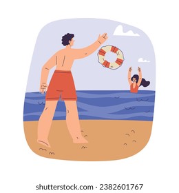 Personaje de un salvavidas de la playa de Man tira la vida a una mujer ahogada en vectores de agua