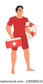 Man beach lifeguard wearing red swimsuit vector illustration. Male person lifesaver holding rescue buoy and first aid kit box standing isolated on white background