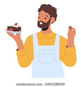 Man Beams With Pride, Cradling His Homemade Dessert Creation. The Sweet Aroma Envelops The Air, Showcasing His Culinary Prowess And The Joy Of Laboriously Crafted Delicacy. Cartoon Vector Illustration