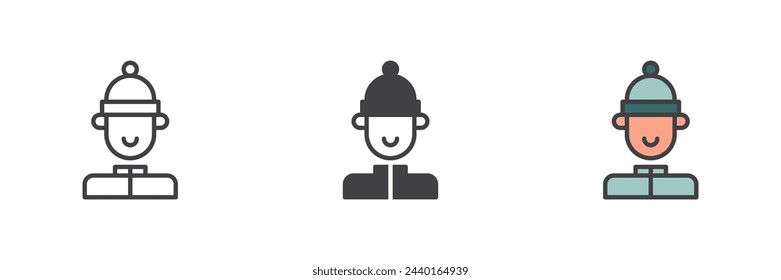 Man with beanie hat different style icon set. Line, glyph and filled outline colorful version, outline and filled vector sign. Symbol, logo illustration. Vector graphics