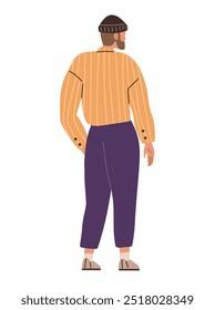 Un hombre con un gorro se ve por detrás, con un suéter de rayas amarillas y pantalones morados. Ideal para moda, ropa casual, cultura juvenil, estilo de vida urbano y tendencias modernas. Estilo de Vector simple