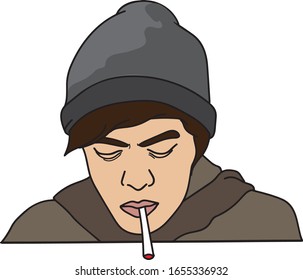 Man with beany cap smoking