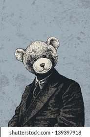 man in a bear mask and grunge scratched background. vector illustration.